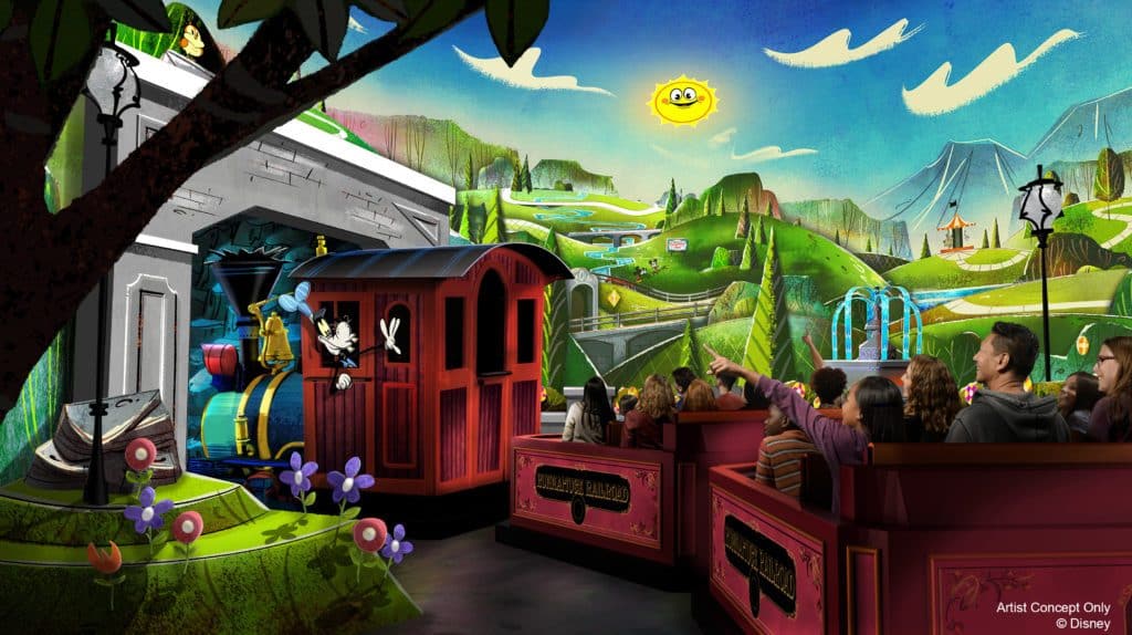 Interior de Mickey and Minnie's Runaway Railway. El vehículo es un tren con vagones rojos y hay un fondo caricaturesco de montañas verdes, cielo y sol. Es una de las atracciones más nuevas de Disney World
