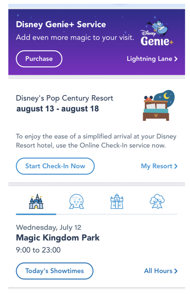 Captura de pantalla de la página de inicio de My Disney Experience App. Muestra algunas de las funciones que explican para qué sirve la app de Disney World, como los horarios de los parques y la información de reserva de hotel