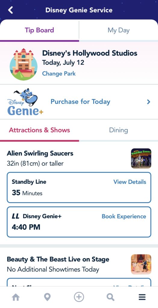 Captura de pantalla de la app de My disney experience que muestra para qué sirve la app de Disney World. Es la pantalla de Tip Board, donde aparecen los tiempos de fila de todas las atracciones y la opción para reservar una atracción con Genie+
