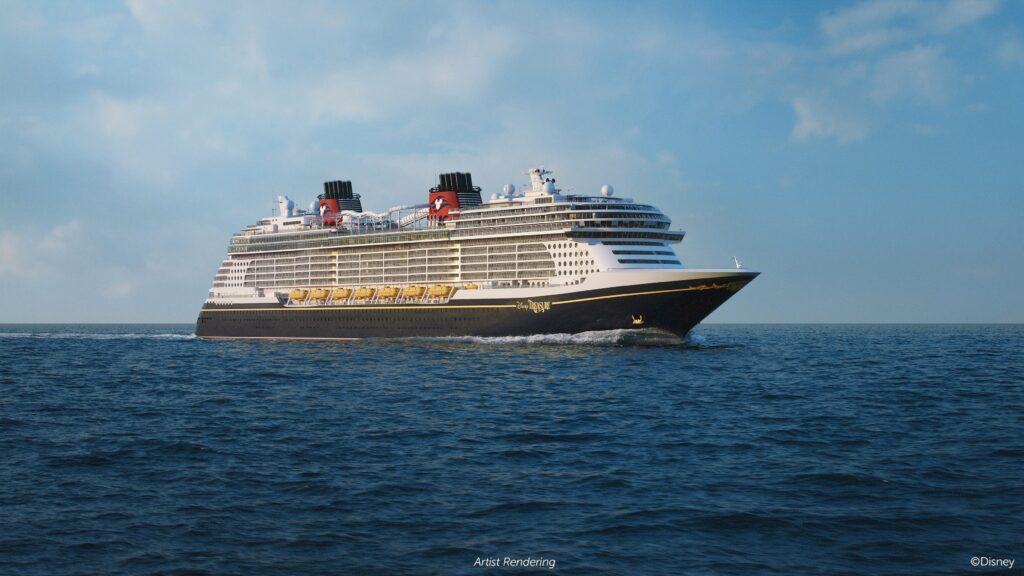 Render del Disney Treasure navegando en el mar. Habrá solo 2 Itinerarios de Disney Cruise Line en 2024 a bordo del Disney Treasure.