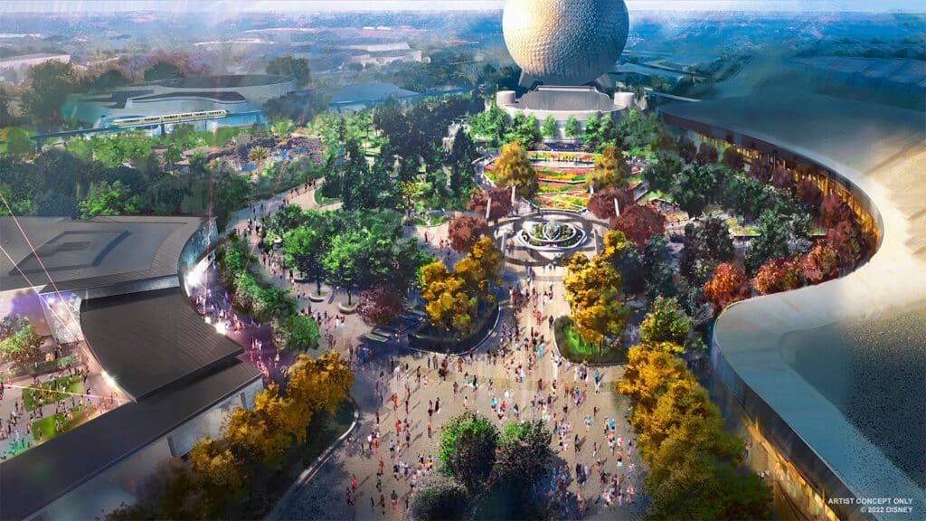 Render de la transformación de Epcot, con Spaceship Earth de fondo. Es una de las novedades en destinos Disney en 2024 más esperadas