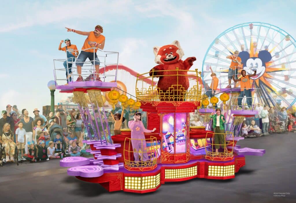 Render del destifle Better Together: A Pixar Pals Celebration! una de las novedades en destinos Disney en 2024. Es un carro alegórico rojo con personajes de la película Red