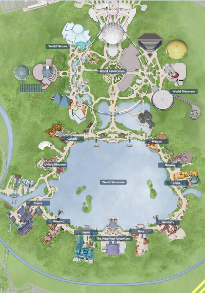 Mapa del World Showcase de Epcot. Lago en medio y todos los pabellones rodeándolo. 
