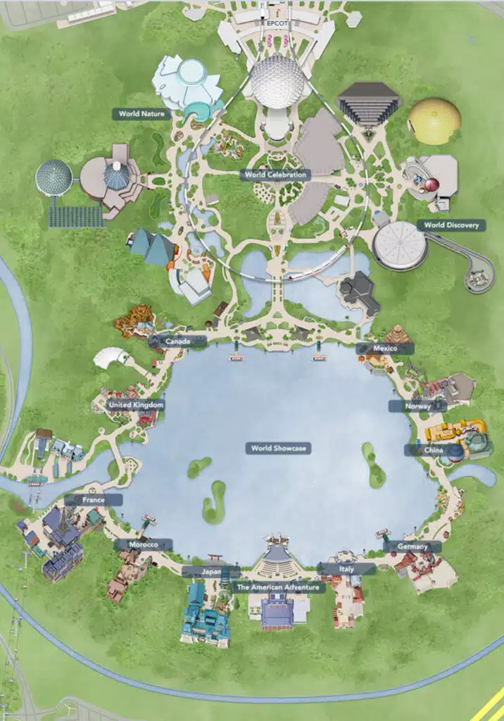 Mapa del World Showcase de Epcot. Lago en medio y todos los pabellones rodeándolo.