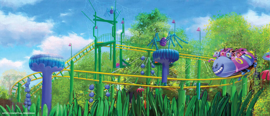 Render de montaña rusa Trolls Trollcoaster en DreamWorks Land