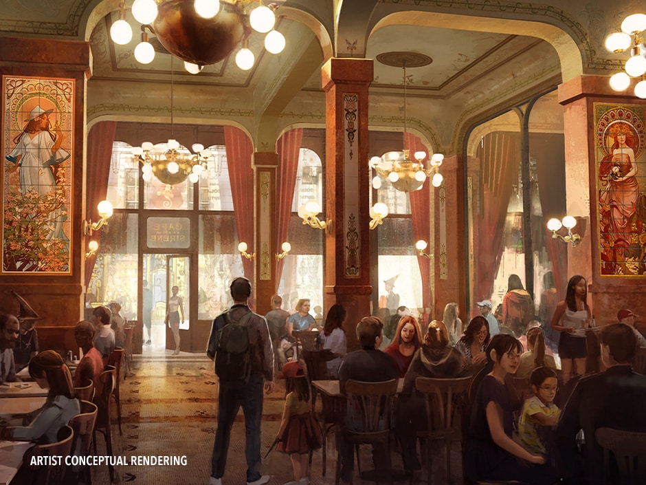 Render del restaurante Café De La Sirene en el nuevo mundo de Harry Potter Ministry of Magic