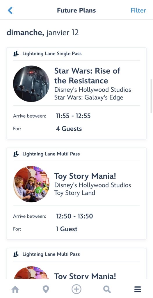 Captura de pantalla de la app de Disney World con las experiencias reservadas con Lightning Lane