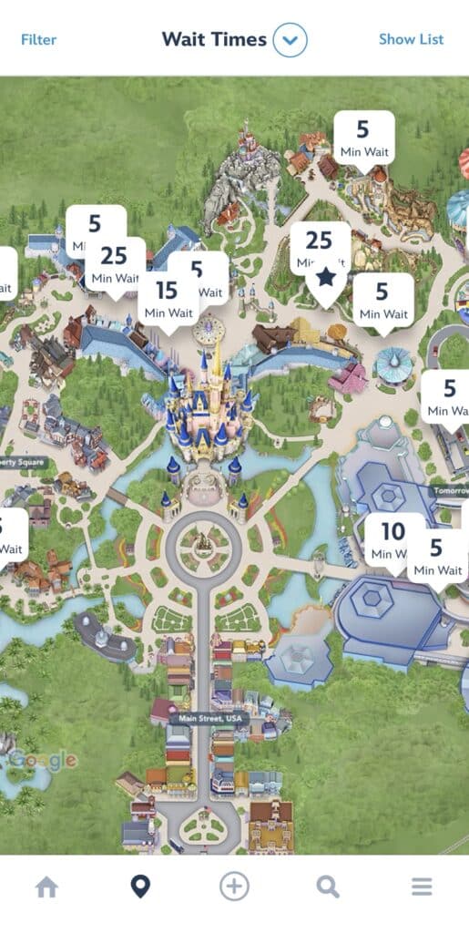 Captura de pantalla del mapa y tiempos de fila de atracciones de la app de Disney World