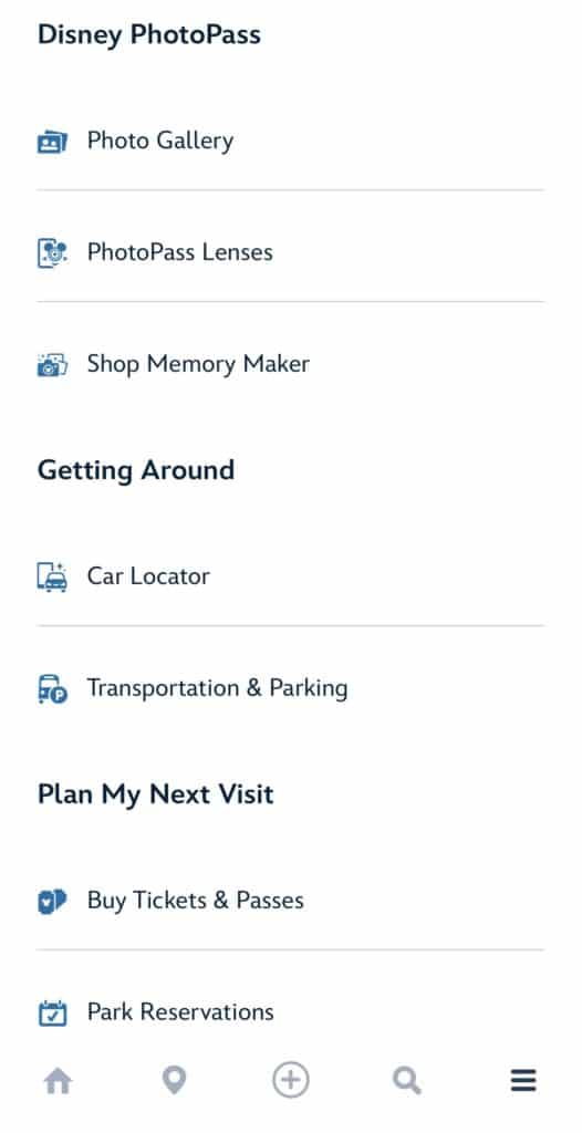 Captura de pantalla de la app de Disney World con opciones de fotos e información general